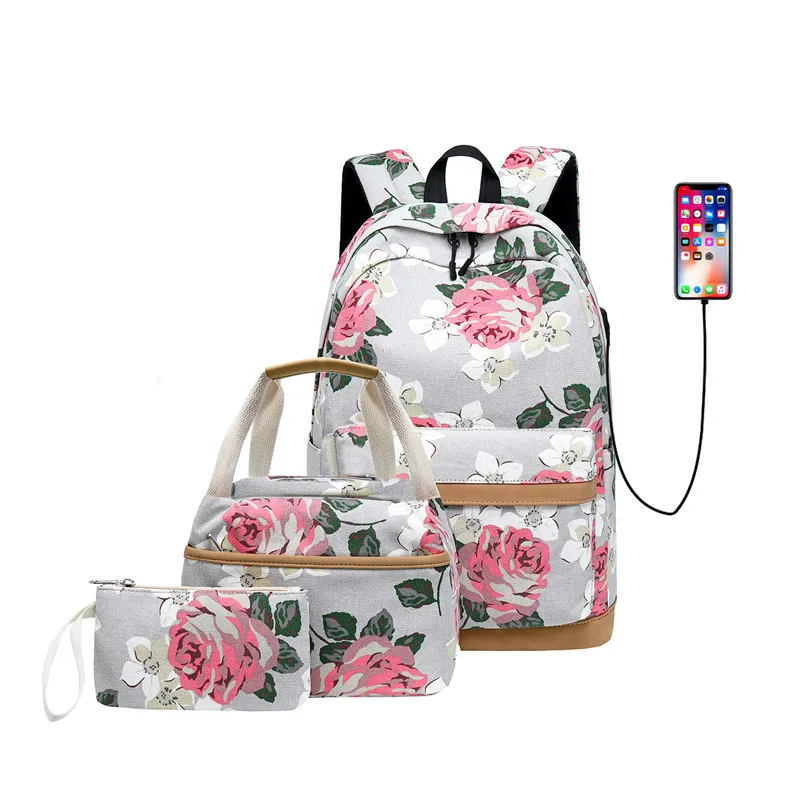 beige OKKID 3 шт./компл. розовый цветок холст рюкзак милые школьные сумки для девочек начальной школы, школьный рюкзак для детей, карандашом комплект с сумкой подарки для девочек - Цвет: beige