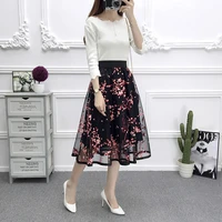 15 colors lace stitching perspective hollow a line mesh printing knee length high waist skirt fairy women summer wear
