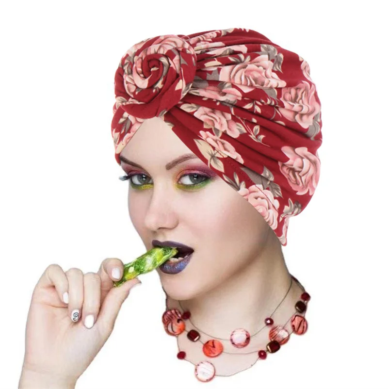 

New Women African Pattern Knotted Flower Stretchy Turban MuslimTwist Knot India Hat Ladies Chemo Cap Bandanas Hair Accessories