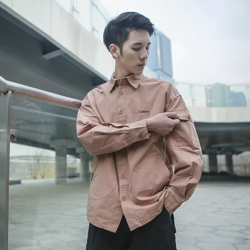 Однотонная уличная Мужская рубашка куртка хип-хоп с длинными рукавами карманами