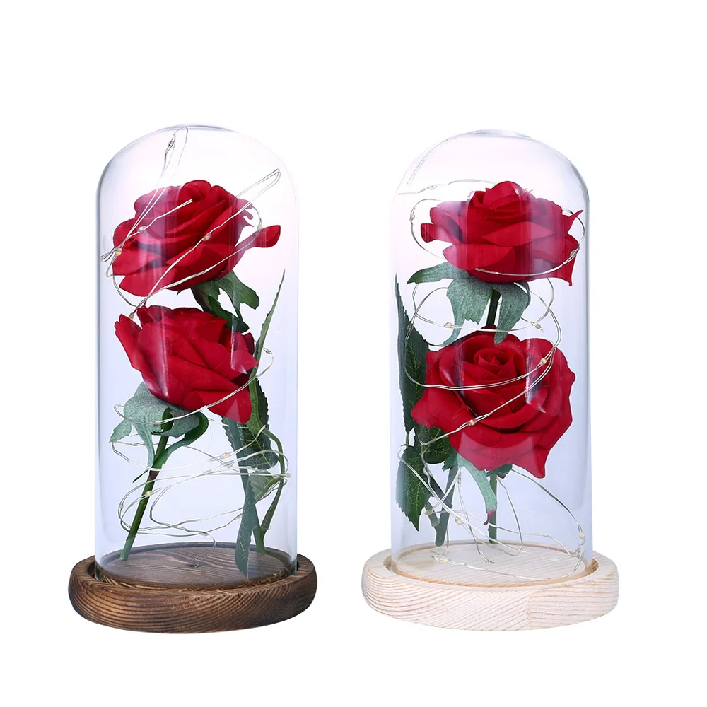 

Eternal Flower Rose Glass Cover Romantic Immortality 2 Roses Festival Valentine'S Day Wedding Decoration Preserved Fresh Flower