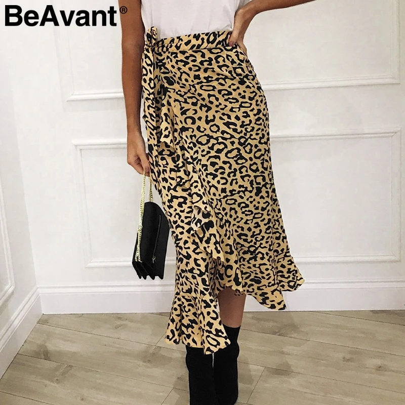 BeAvant Elegant leopard print women maxi skirt High waist ruffled asymmetrical female long skirt Side bow tie autumn lady skirts