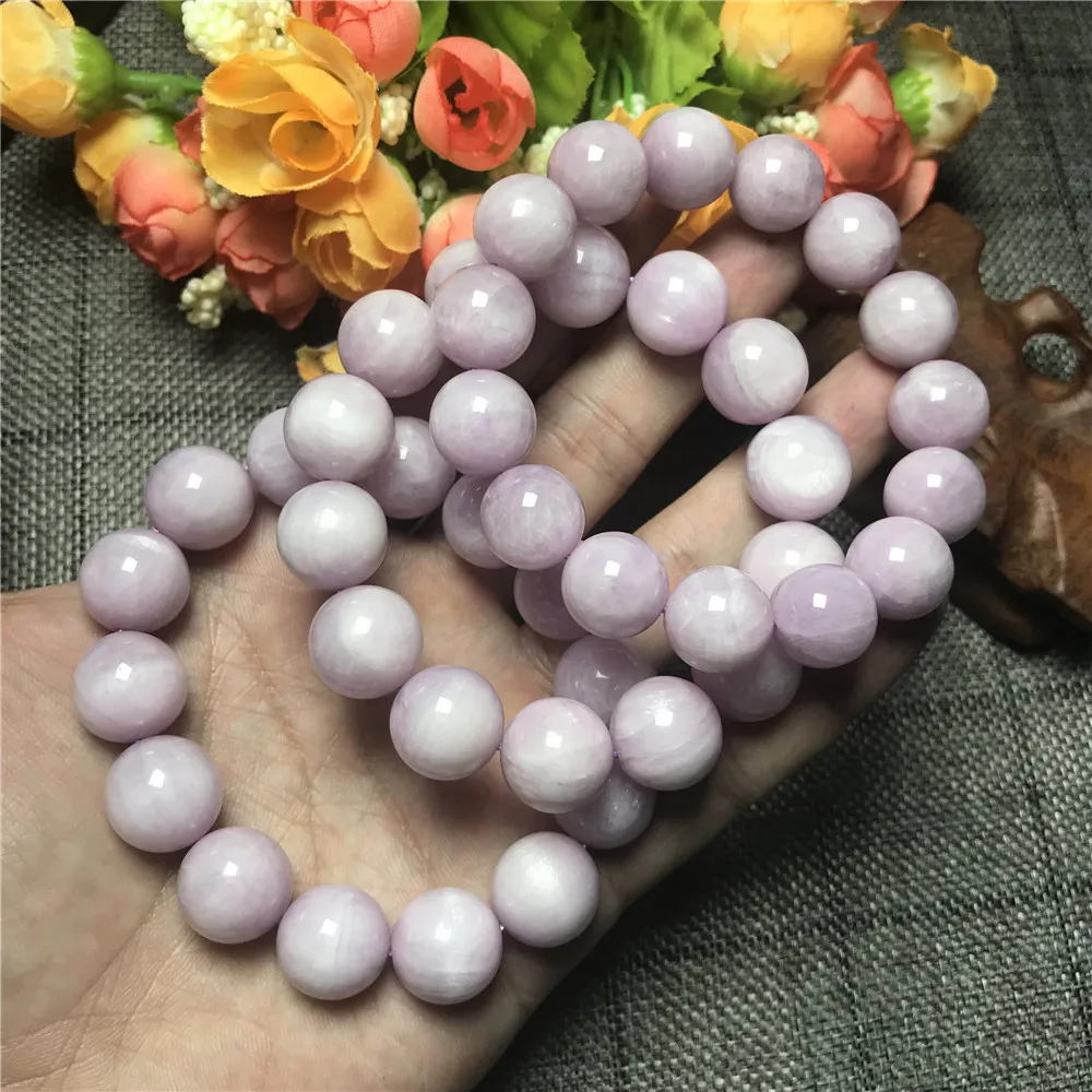 

Genuine Natural Kunsite Bracelet For Women Lady Crystal Round Beads Stretch Bracelet Fine Jewelry AAAA 13mm 14mm