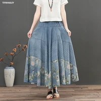 tiyihailey free shipping 2021 long maxi a line skirt women elastic waist spring autumn denim jeans vintage skirt print big hem