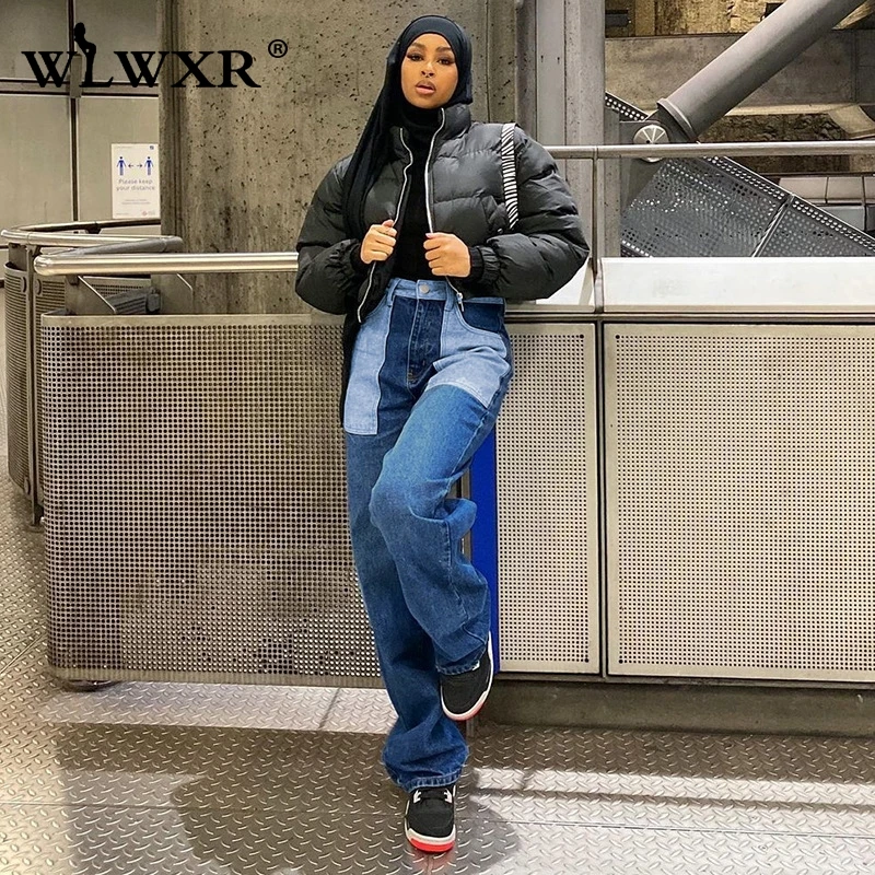 WLWXR уличная мешковатые джинсы Для женщин Высокая Талия Брюки клеш Женские брюки с