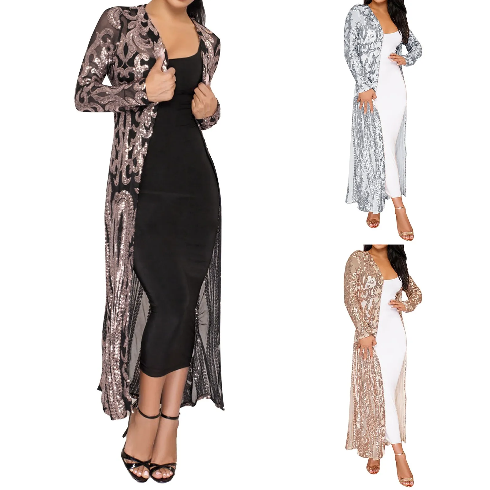 

Women Long Sleeve O Neck Dress Totem Sequin Applique Dress Long Sleeved Perspective Ankle Length Cardigan Cloak Coat Jacket