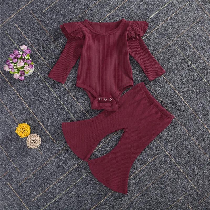 

Pudcoco Newborn Baby Girl Solid Color Clothes Sets Long Sleeve Cotton Bodysuit Tops Flared Pant 2PCS Outfits 0-24M
