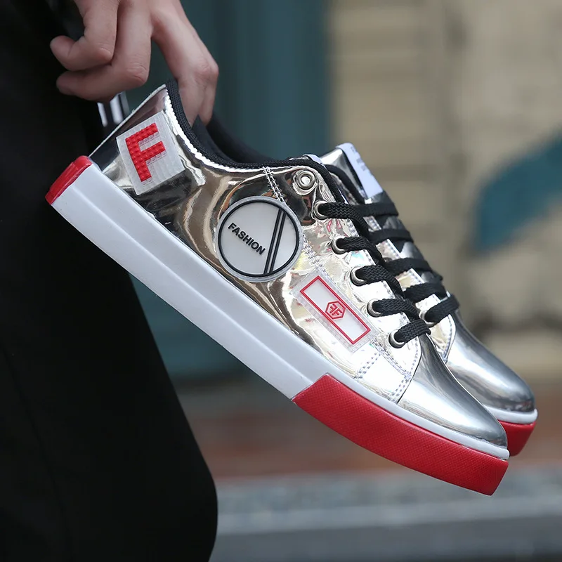 Мужская обувь в стиле хип-хоп Блестящие Серебристые кроссовки Черные кожаные
