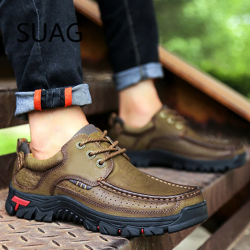 

100% Genuine Leather Shoes Men Cow Leather Casual Shoes Male Outdoor High Quality Men Flats 2 Style Lace-Up Man Footwear