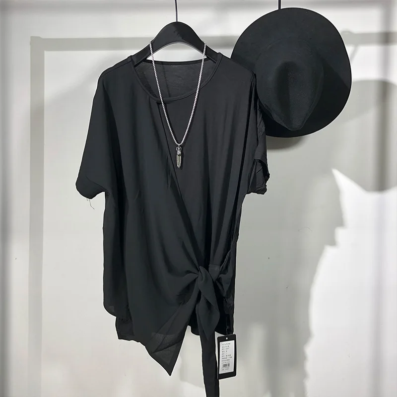 

Men's Short Sleeve T-Shirt Summer New Dark Round Collar Asymmetrical Bundling Design Breathable And Comfortable Undershirt