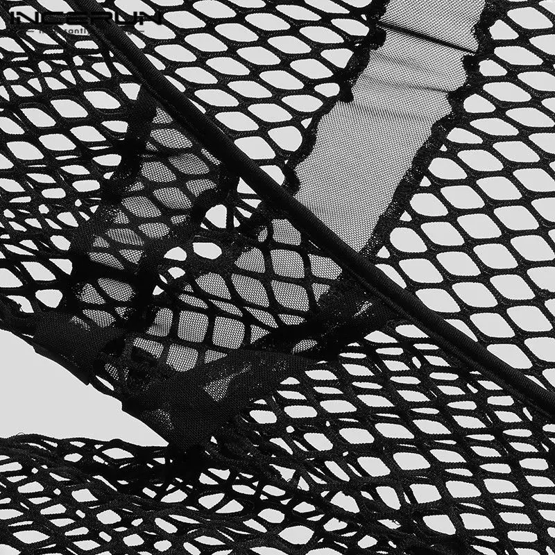 

Men Mesh Bodysuits Sexy Homeware See Through Skinny Tops Underwear Deep V Neck Long Sleeve Bodysuit Briefs Rompers S-5XL INCERUN