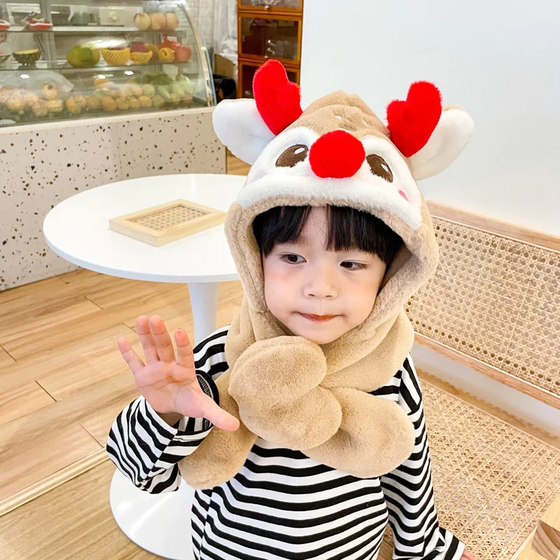 

2021 Christmas Hat Scarf Gloves 3 Set Children Winter Reindeer Antler Modeling Warm Beanies for Kid Outdoor Activities Xmas Gift