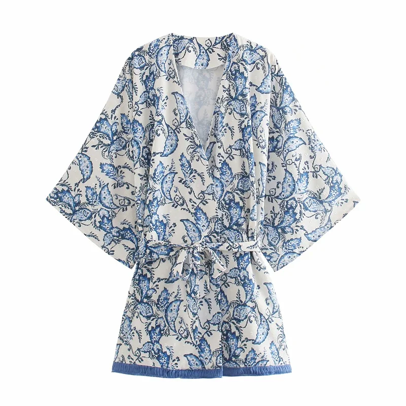 

2021 New Women Fashion With Belt Floral Print Oversized Kimono Blouses Vintage Three Quarter Sleeve Female Shirts Streetwear