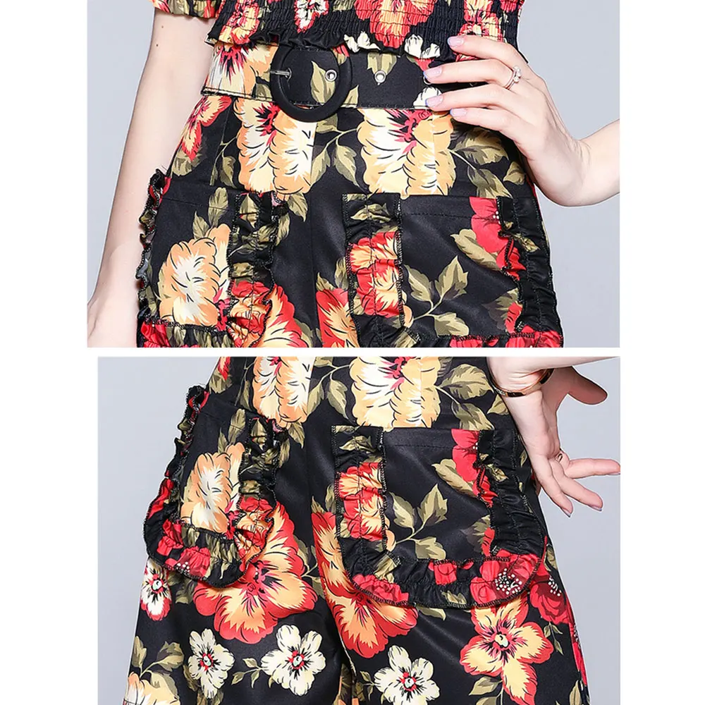

2021 Woman's Summer Suit Slash Neck Latern Sleeve Elastic Crop Top and Mini Flower Print Shorts Two Piece Sets Outfits M66060