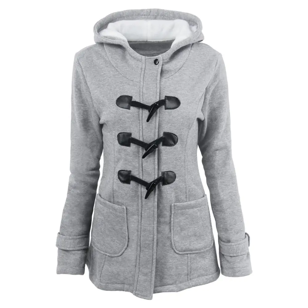 Women's Ox Horn Button Coat 2020 Autumn New Thicken Cotton Blended Hooded Jacket