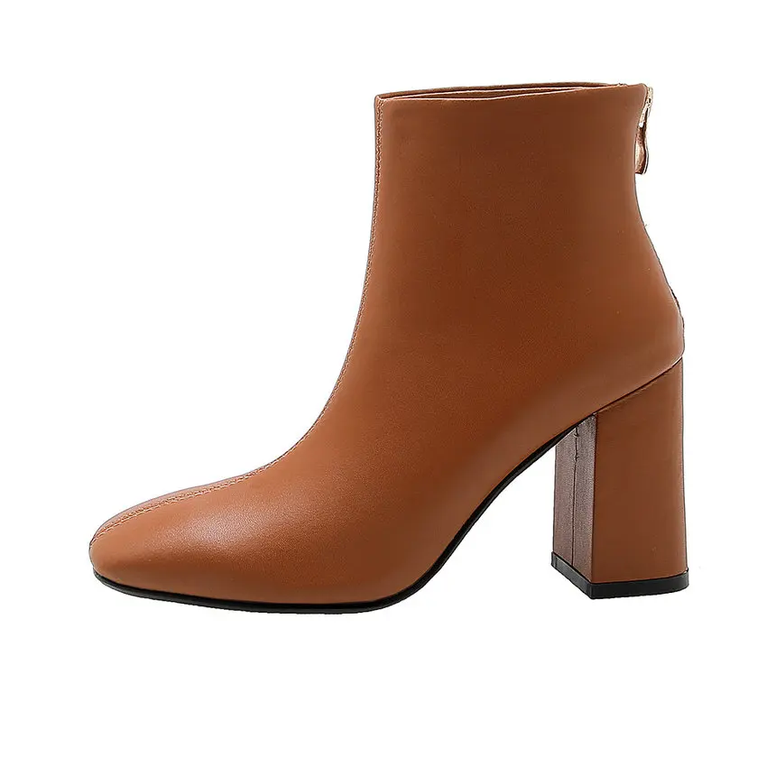 QUTAA PU Leather Ankle Boots Super Square High Heel Women Shoes Zipper Autumn Pointed Toe Motorcycle Casual Big Size 34-43