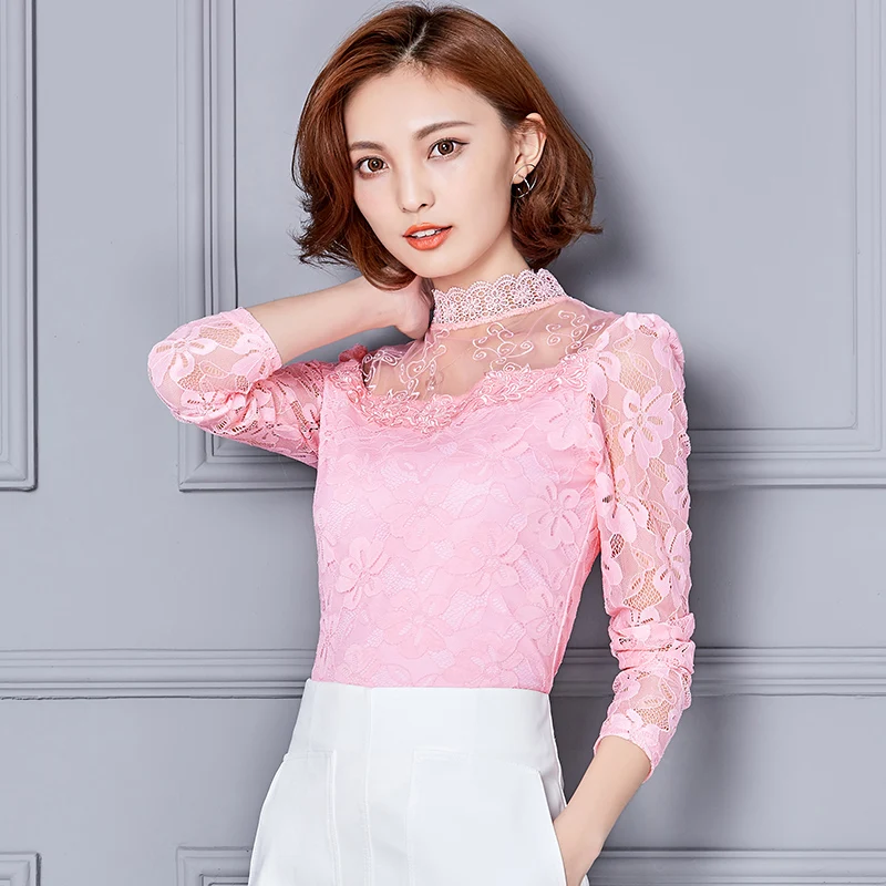 

Women's Blouse Lace Shirt Office Lady Blouses Net Yarn Solid Summer New Slim Fashion Casual Blusas Hollow Top Houthion