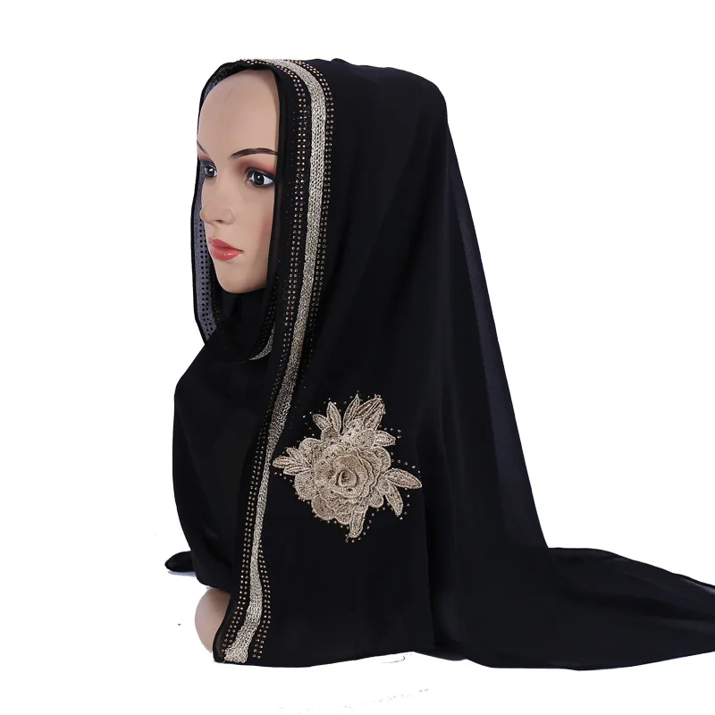 Muslim 3D Flowers Diamond Chiffon Long Scarf Shawls Hijab Islamic Headscarf Wrap Shayla Arab Dubai Women Scarves Headwear Turban |