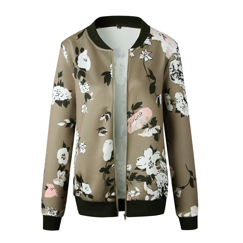 

Women Crop Jacket Vintage Floral Printed Zip-Up Bomber Jacket Autumn Casual Long Sleeve Pocket Biker Jacket Female Coat Outwear