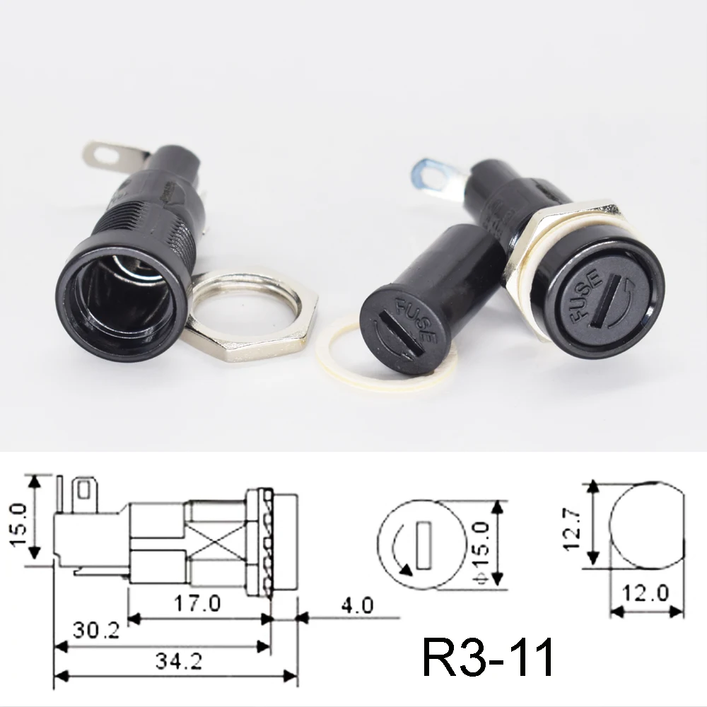 1 шт. держатель предохранителя R3-11 10A 250V Держатель предохранителя для 5x20 мм Предохранитель черный Цвет
