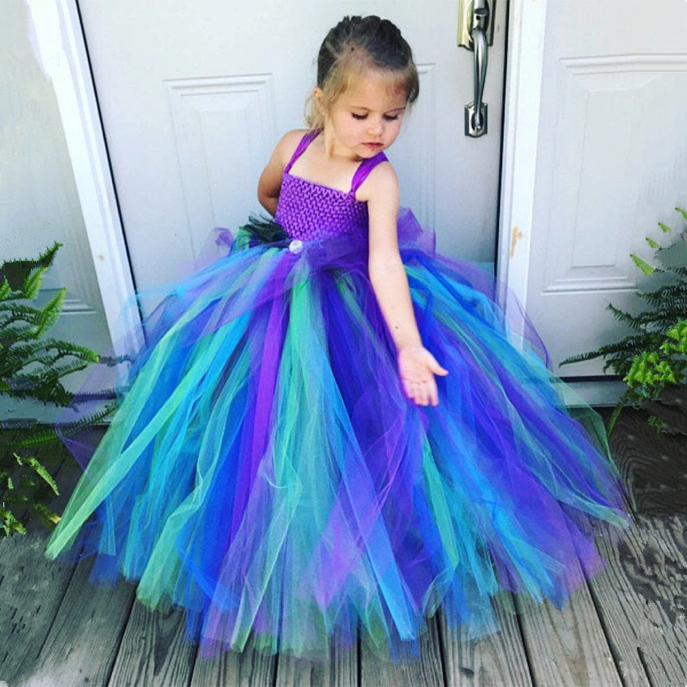 

Beautiful Girls Peacock Feather Tutu Dress Kids Crochet Dress Long Ball Gown with Straps Children Birthday Party Costume Dresses