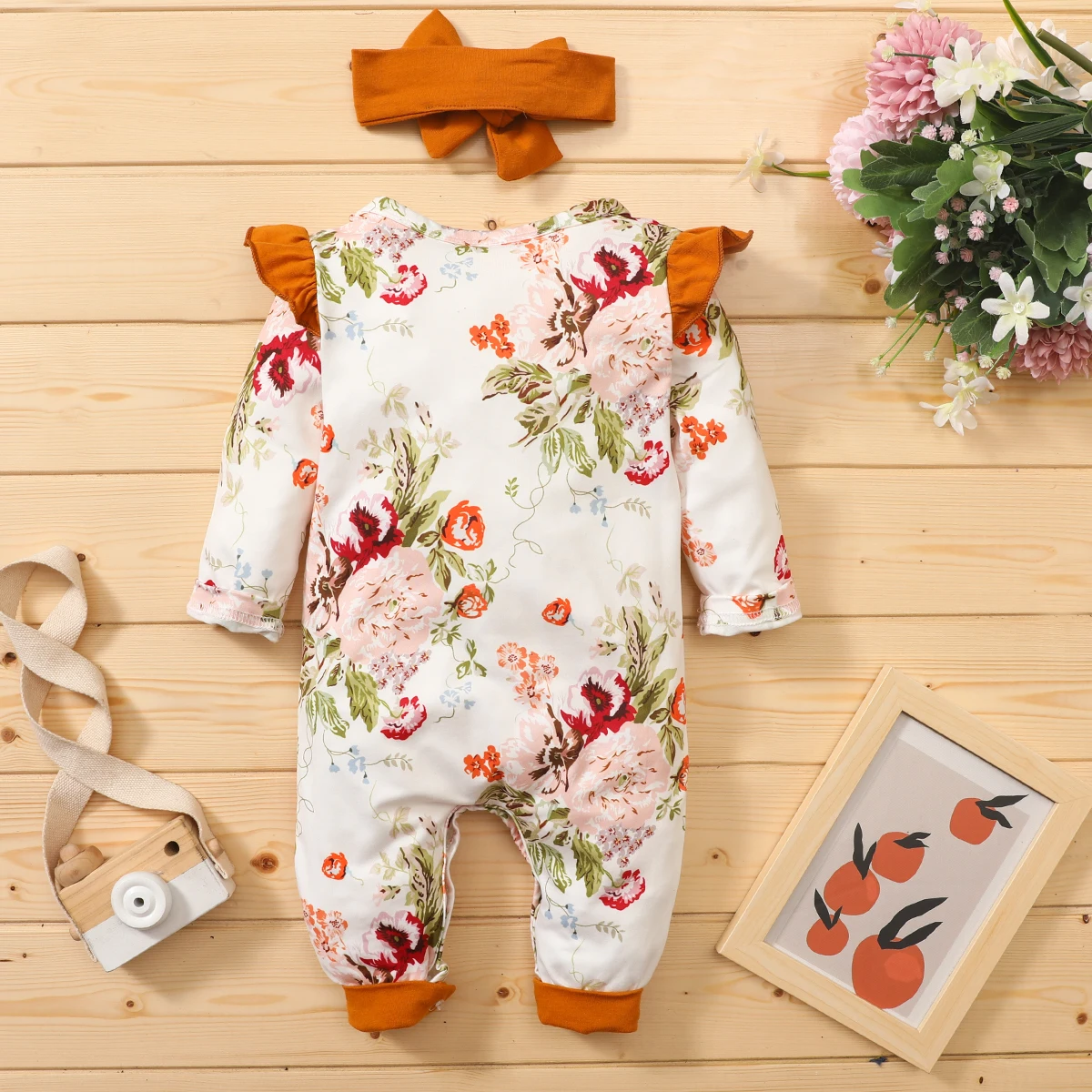 

Baby Girls 2Pcs Autumn Clothing Floral/Leopard Print O-Neck Ruffle Long Sleeve Jumpsuit + Bowknot Hairband Toddler Romper 0-18M
