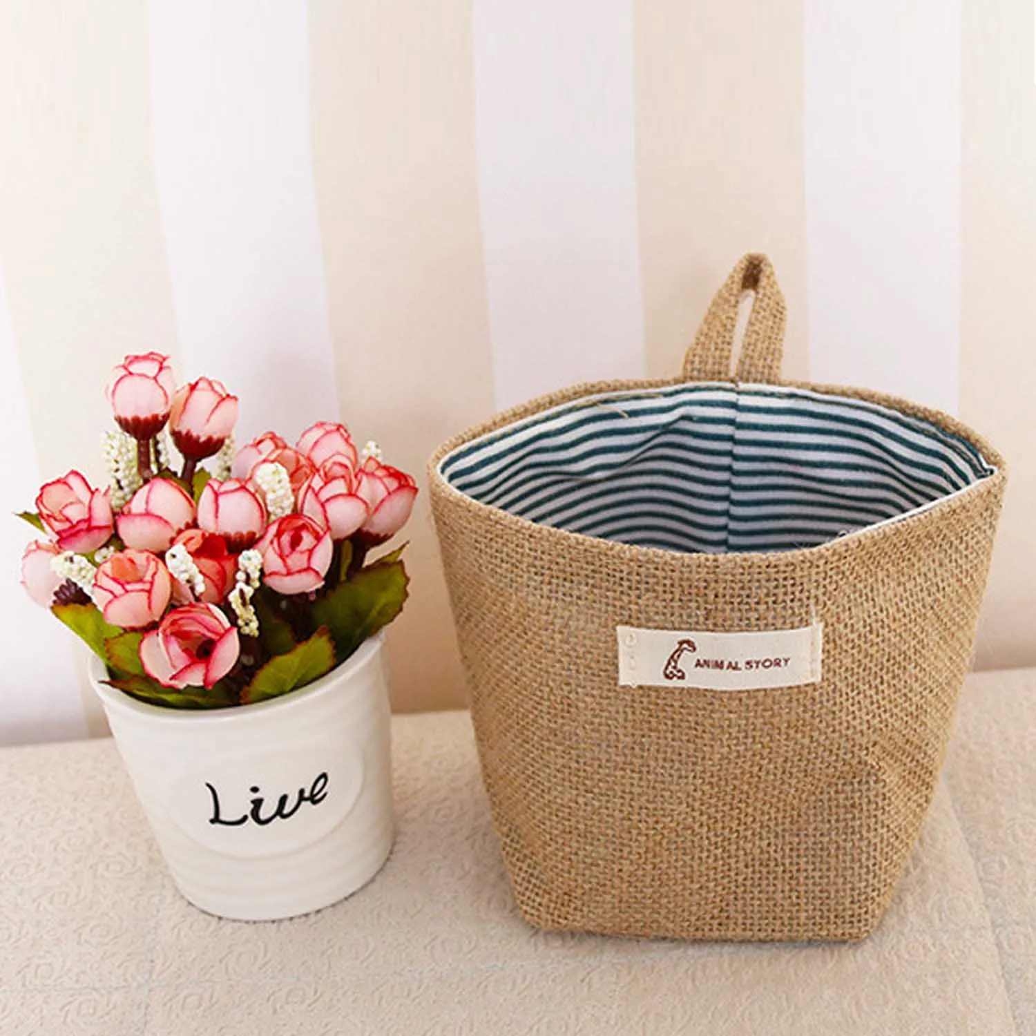 Настенная подвесная хлопковая льняная мини сумка для хранения корзина