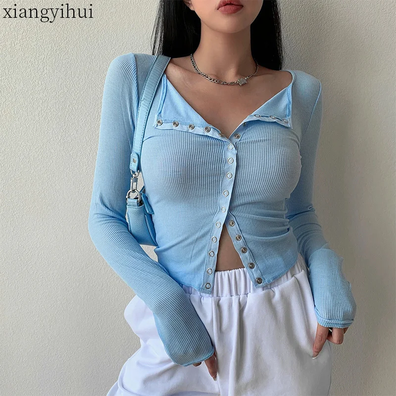 Женские синие футболки-кардиганы ярких цветов женские тонкие топы повседневные