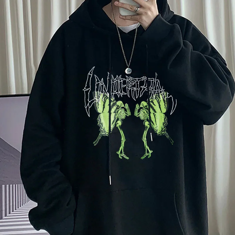 

2021 New Oversized Sweatshirt Goth Skull Butterfly Harajuku Print Hoodies Long Sleeve Pullover Women And Men Tops Women's Hoody