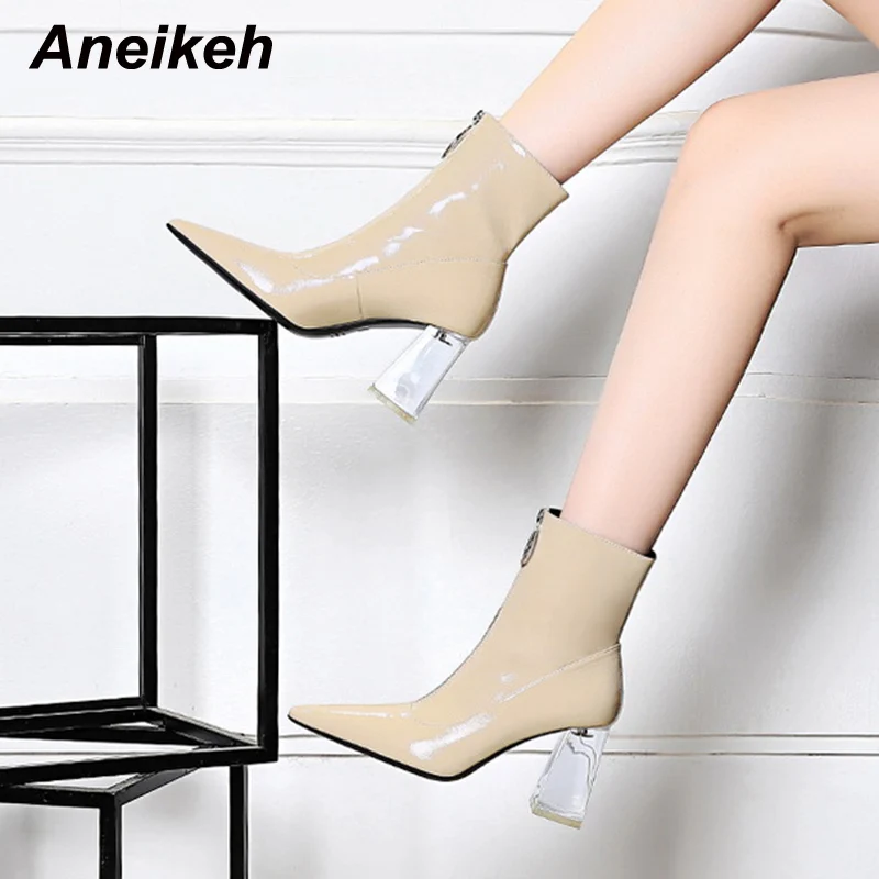

Aneikeh Sexy PU Sewing Crystal Square Heel Winter Shoes Women 2021 Design Sense Pointed Toe Platform Boots Zipper ANKLE Booties
