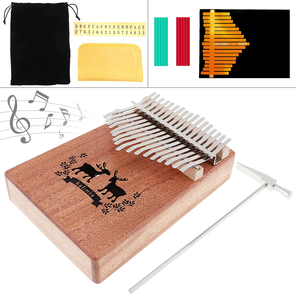 

17 Keys Kalimba Elk Sound Hole Single Board Mahogany Thumb Piano Mbira Natural Mini Keyboard Instrument with Accessories