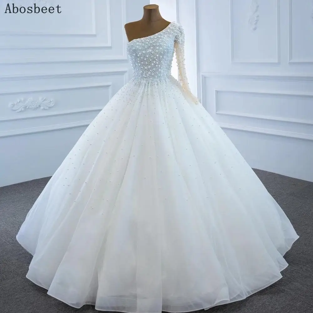 DD JYOY Heavy Pearl Beading One Shoulder Ball Gown Wedding Dress 2020 Fashion Wedding Gown White Floor Lenght Lace Up Back