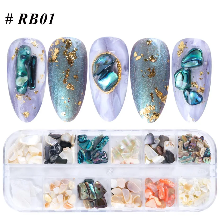 12 сеток/набор Abalone Shell неправильный Фрагмент дизайн ногтей украшения 3D Шарм Дизайн ногтей камень ломтик УФ гель маникюрные инструменты LARB01-04