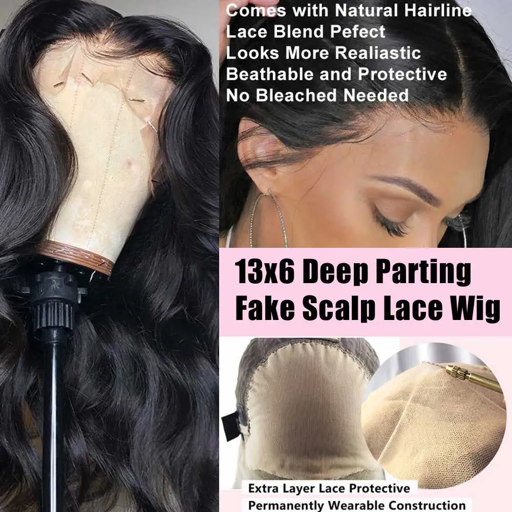 Fake Scalp Lace Объемная волна поддельные головы парик 13x6 глубокая кружевная Передняя человеческие волосы парики невидимые Remy Предварительно выщипанные отбеленные узлы Прозрачный HD кружевной парик - Цвет: Fake Scalp Lace
