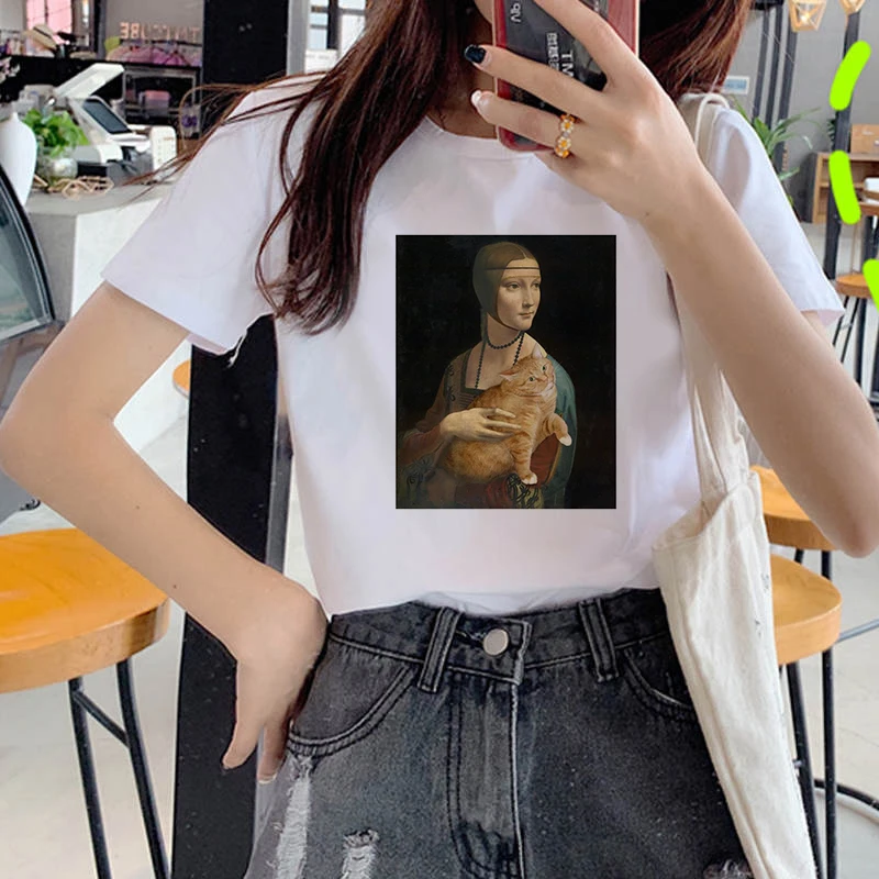 

Summer Women T-shirt Oil paintings of cat Printed Tshirts Casual Tops Tees Harajuku 90s Vintage White tshirt Female Clothing