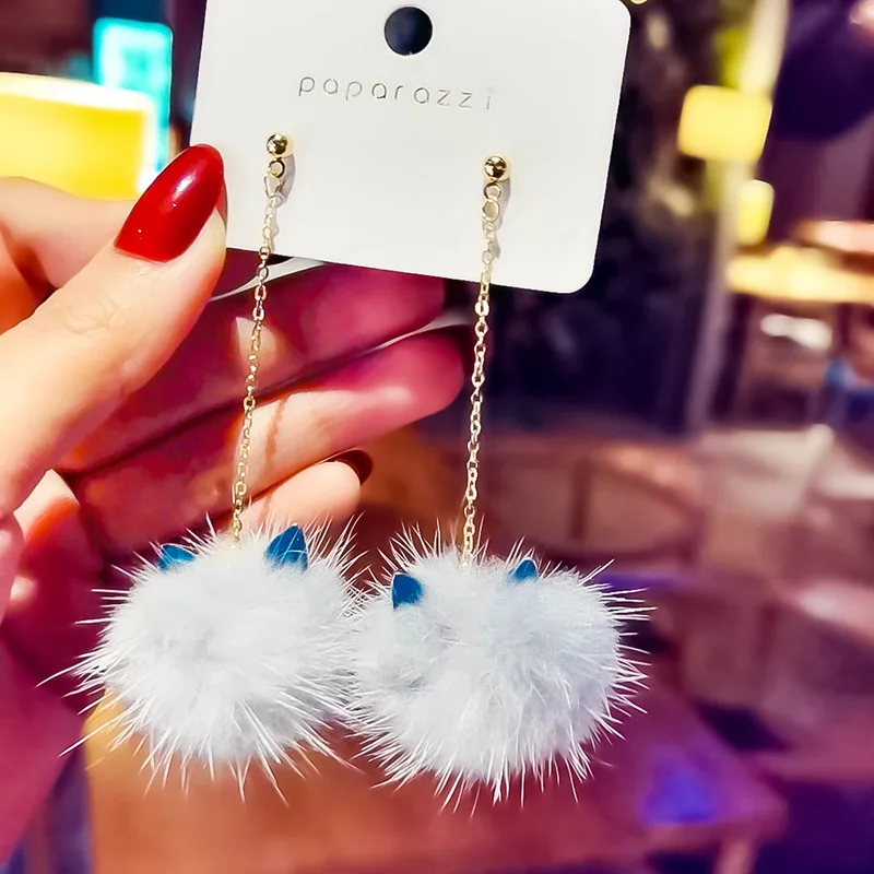 

2020 fashion Cute Rabbit Fur Ball Long cat ear Drop Earrings For Women Soft Pom Pom Ear Dangle Jewelry Winter Gift Trinket