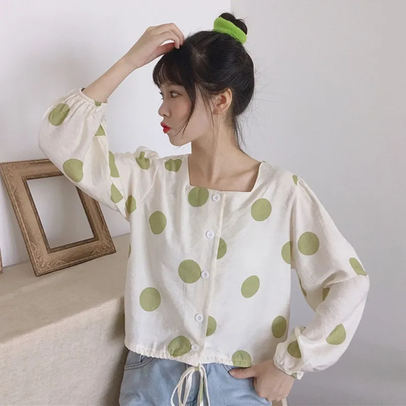 Женская рубашка модная длинный рукав винтажная в горошек блузка Корейская