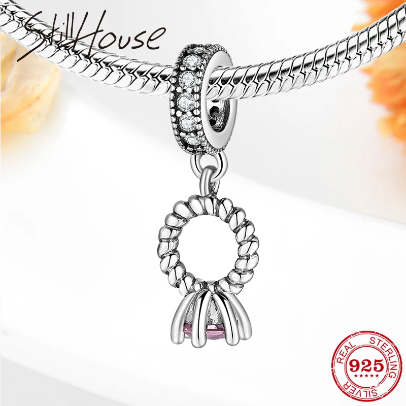 Горячая Распродажа 925 пробы серебряное кольцо круглая розовая CZ бусины Подвески