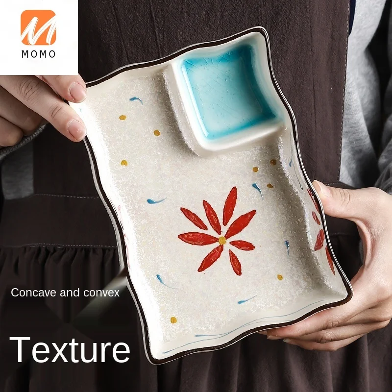 

Japanese-Style Creative Hand-Painted Ceramic Two Snack Plate Sushi Snack Dish Dim Sum Dish Grid Plate Snack Plate