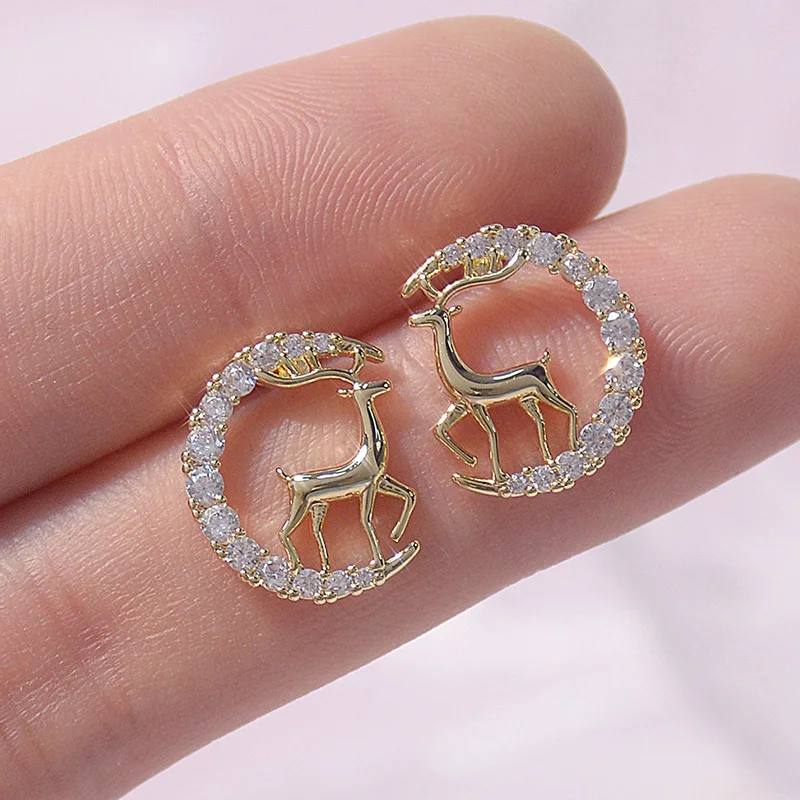 

Round Christmas Sika deer Earrings Gold Color Luxury All-Match Gemstone Earrings for Women Female Fashion Jewelry Anniversary