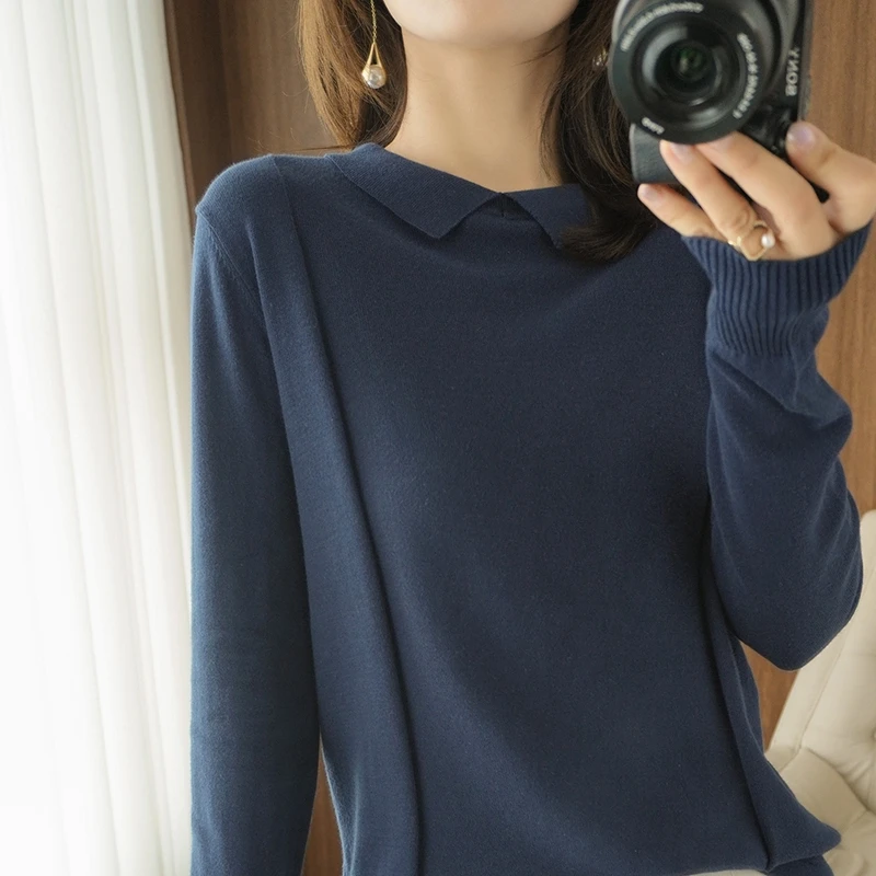 

Pullover Long Sleeve T-shirt Knitted Loose Large Size Women's Top Spring and Autumn New Sweater Women's Doll Collar Women's