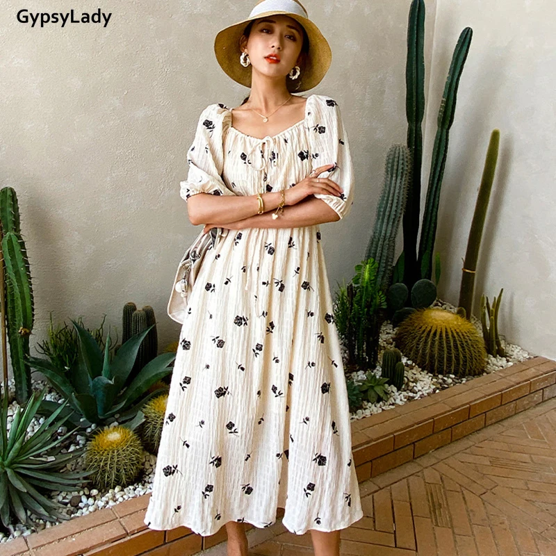 

GypsyLady Floral Maxi Printed Dress Summer Holiday Dresses for Women Lantern Sleeve Tie Lace Up Sexy Chic Ladies Female Dress