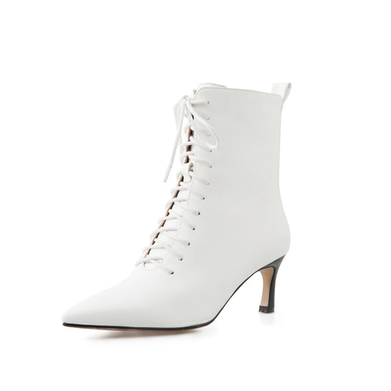 

ANNYMOLI High Heel Ankle Boots Woman Boots Lace Up Pointed Toe Short Boots Zip Stiletto Heel Ladies Shoes Autumn Winter White 43