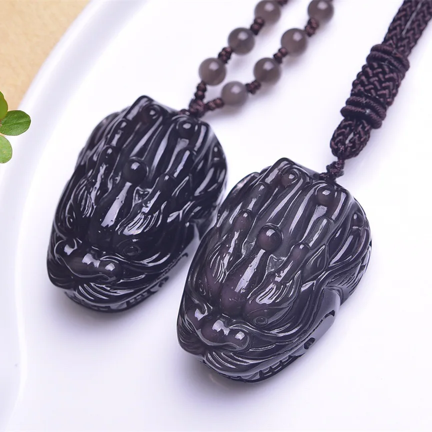 Beautiful Natural Ice Colors Obsidian Pendant Chinese Amulet Dragon Head Lucky Pendants + Beads Necklace Fine Charm Jewelry