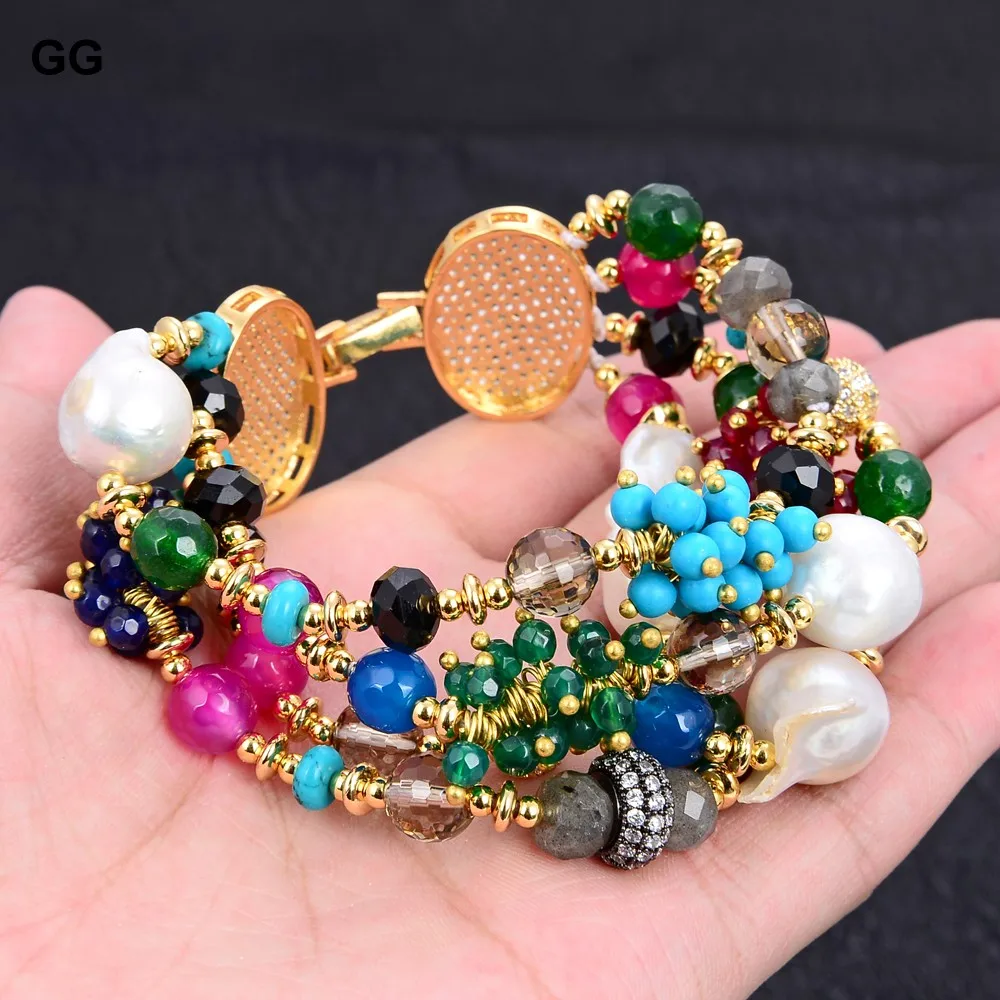 

GG Jewelry Natural 8'' 4 Strands Cultured White Keshi Pearl Agate Jade Turquoise Cz Bracelet