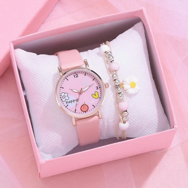 

1pcs New Kids Watches Set Students Children Pink Watch Girls Leather Strap Child Hours Quartz Wristwatch Girl Gift Clocks