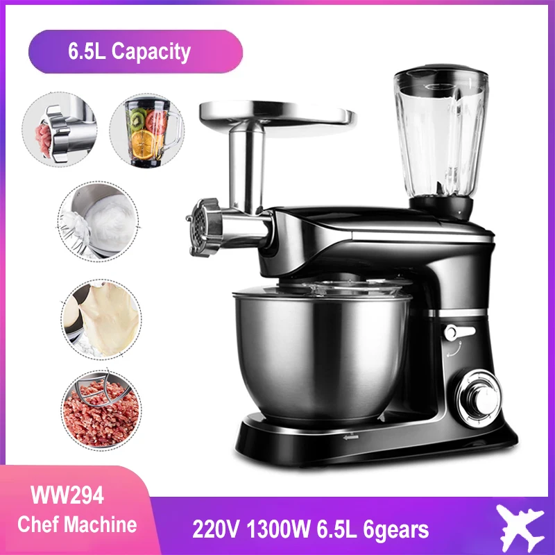 

1300W Kitchen Stand Mixer With 6.5L Stainless Steel Bowl Meat Grinder Juicer Whisk Blender Dough Kneading Cake Food Processor