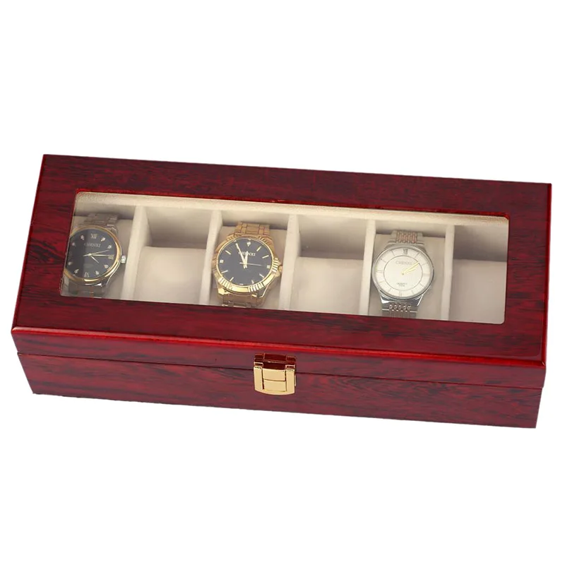 

6 Wood Watch Display Case Box Glass Top Jewelry Storage Organizer Gift Men