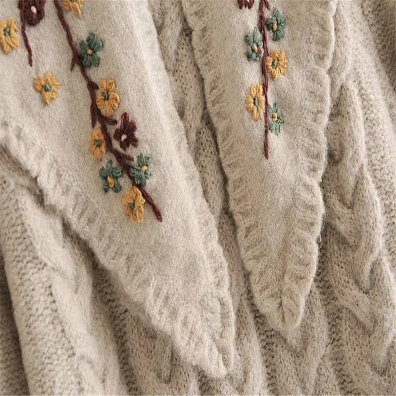 

Za Women Embroidery Applique Knit Sweater 2020 Long Sleeve Vintage Floral Pullover Knitted Top Female Winter Embroided Sweaters