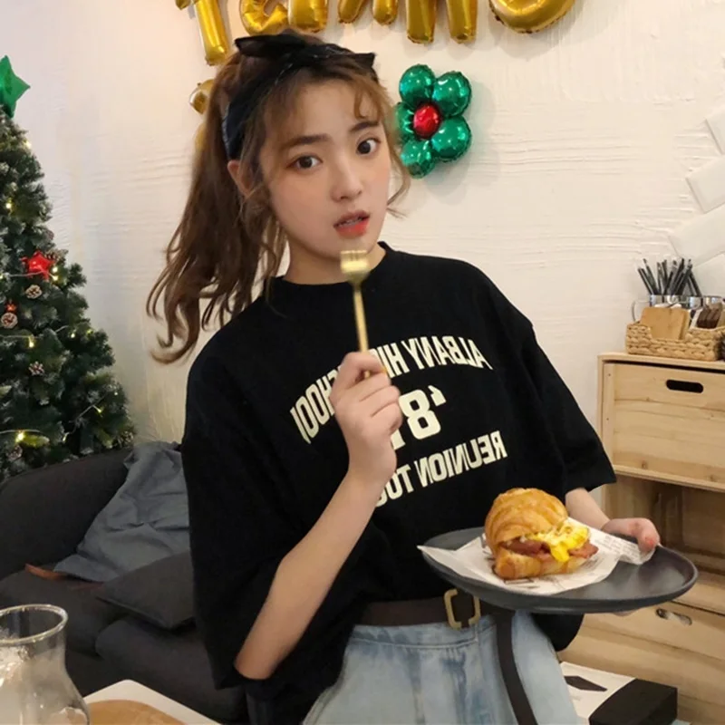 Модная женская Свободная футболка женские топы с буквенным принтом футболки